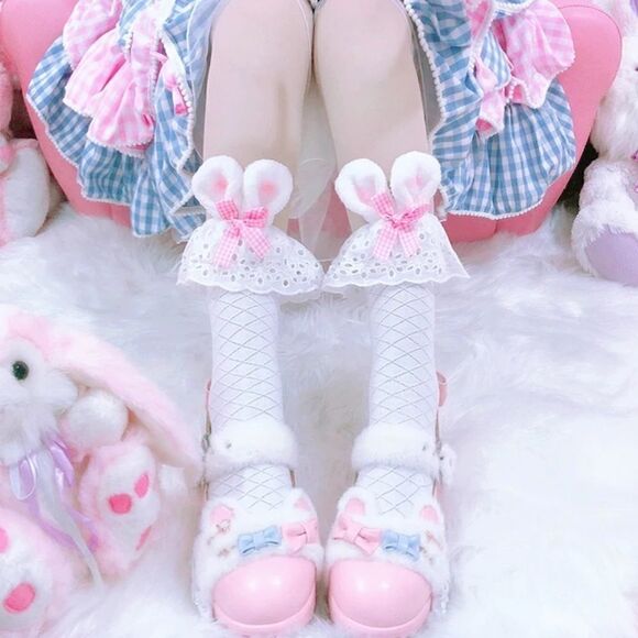 NEW! Furry Easter Bunny Ears Ruffled Bow Ankle Crew Socks - Picture 5 of 6